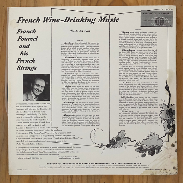 Franck Pourcel And His French Strings<br>French Wine-Drinking Music 1959<br>Capitol Records – T-10229