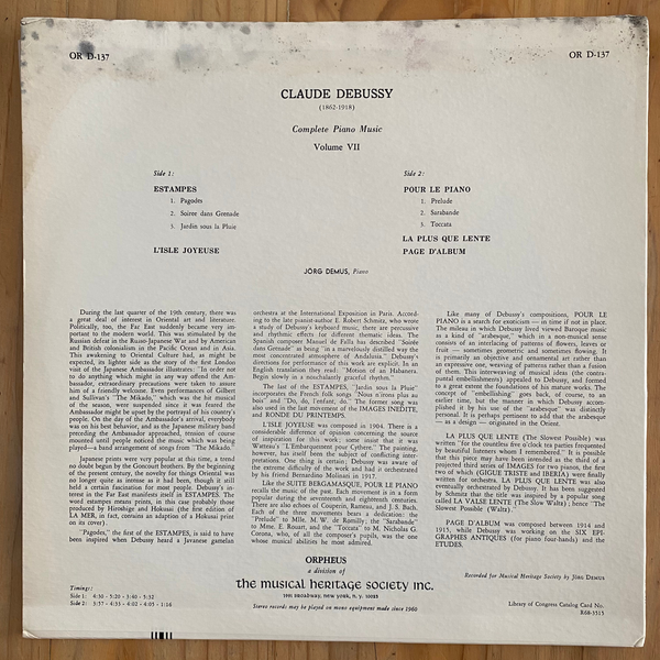 Claude Debussy<br>Complete Piano Music Volume VII 1970<br>The Musical Heritage Society Inc. – OR D-137