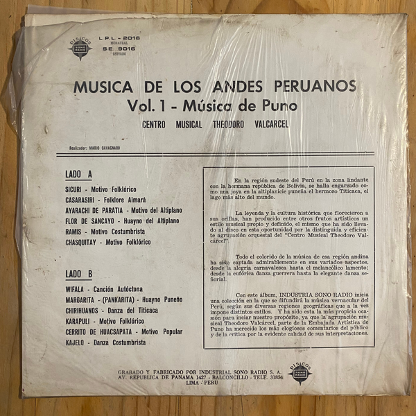 Centro Musical Theodoro Valcarcel <br>Música De Los Andes Peruanos Vol. 1 1961 - Música Del Puno<br>Sono Radio – S.E.-9016
