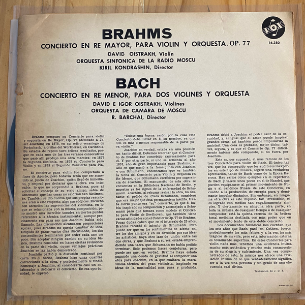 Brahms / Bach<br> Concierto Para Violín Y Orquesta / Concierto Para Dos Violines Y Orquesta<br> Vox – 16.380