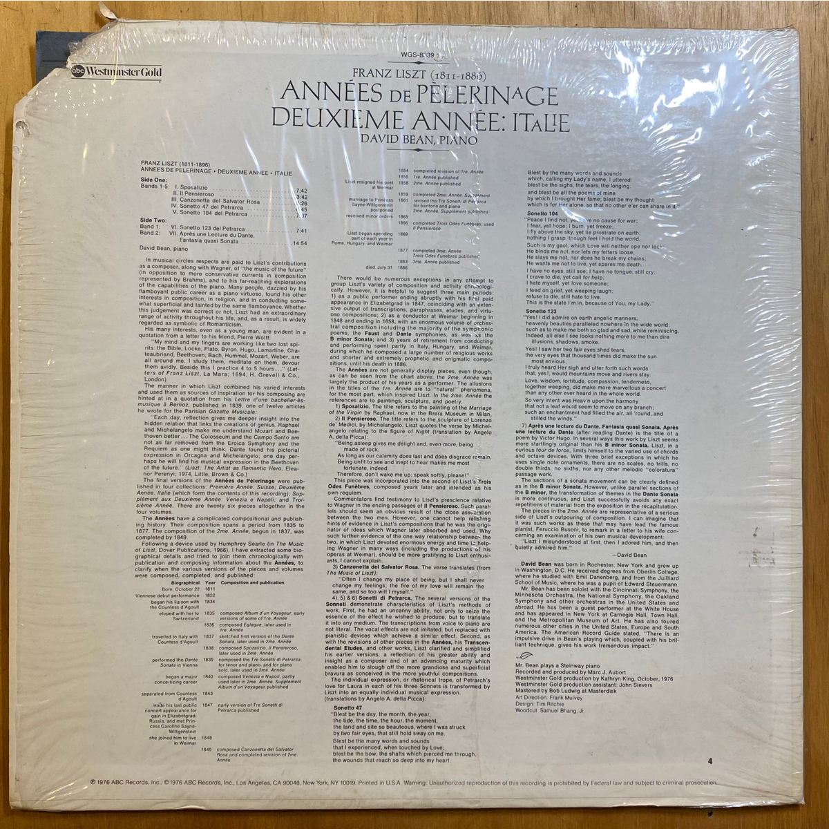 Franz Liszt<br>Années De Pèlerinage – Deuxième Année: Italie 1976<br>ABC Westminster Gold – WGS-8339