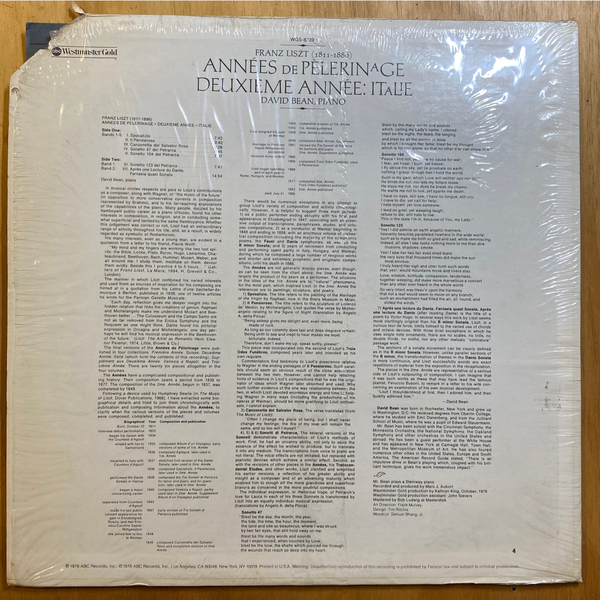 Franz Liszt<br>Années De Pèlerinage – Deuxième Année: Italie 1976<br>ABC Westminster Gold – WGS-8339