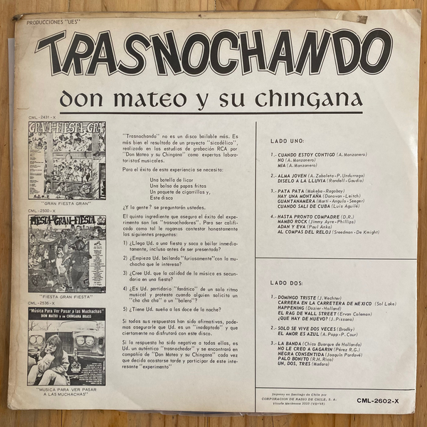 Don Mateo Y Su Chingana<br> Trasnochando 1964 <br> RCA Victor – CML-2602-X