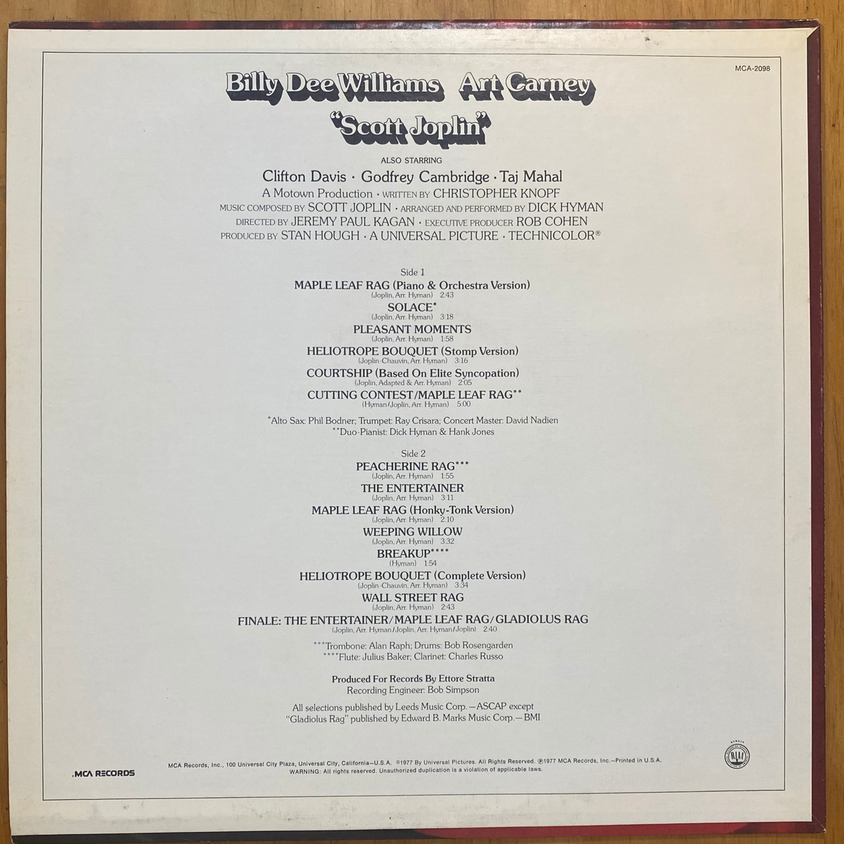 Dick Hyman<br> Scott Joplin – Original Motion Picture Soundtrack<br> MCA Records – MCA-1541