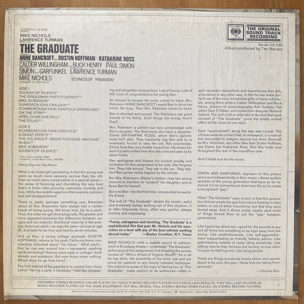 Simon & Garfunkel / Dave Grusin<br> The Graduate (Original Sound Track Recording) 1968 <br> Columbia Masterworks – OS 3180