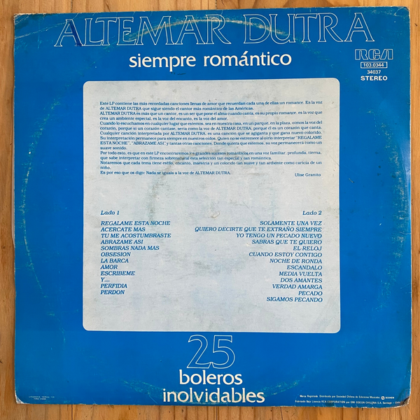 Altemar Dutra<br> Siempre Romántico - 25 Boleros Inolvidables (En Español) 1980 <br>RCA Victor – 103.0344