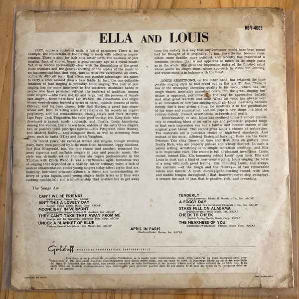 Ella Fitzgerald And Louis Armstrong<br> Ella And Louis<br> Verve Records – MG V-4003