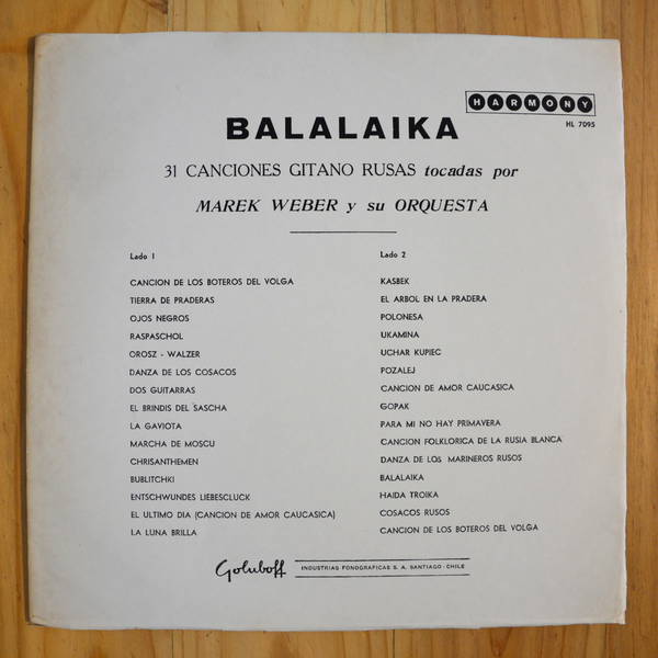 Marek Weber And His Orchestra <br> Balalaika! Thirty One Russian Gypsy Airs 1958 <br> Harmony – HL 7095