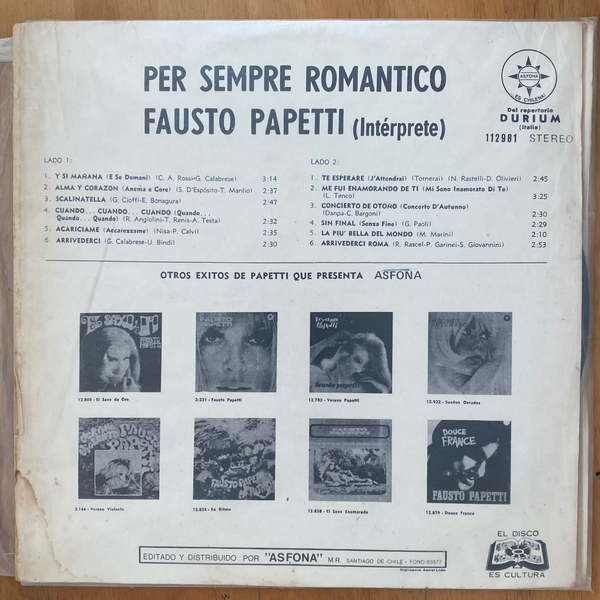 Fausto Papetti<br> Per Sempre Romantico 1974<br> Asfona – 112.981