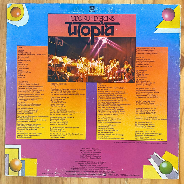 Utopia <br> Todd Rundgren's Utopia 1974 <br> Bearsville – BR 6954