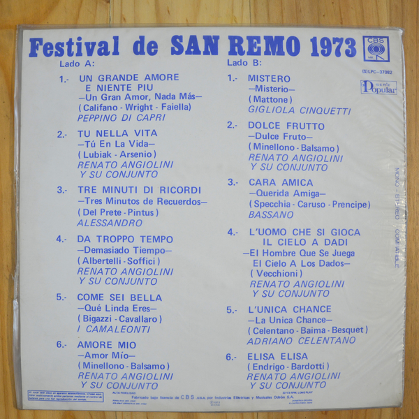 Various <br> Festival De San Remo 1973 <br> CBS – (S) LPC-37082