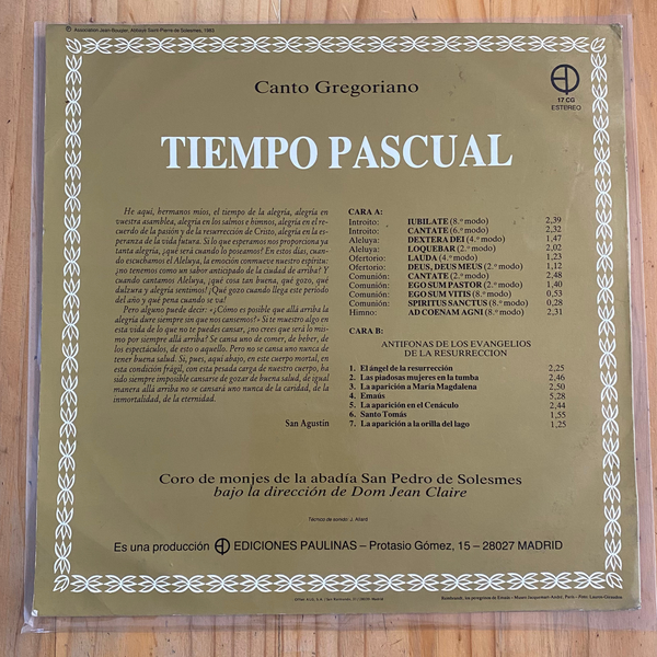 Coro de Monjes de la Abadía San Pedro de Solesmes / Dom Jean Claire<br> Tiempo Pascual<br> Ediciones Paulinas – 17 CG
