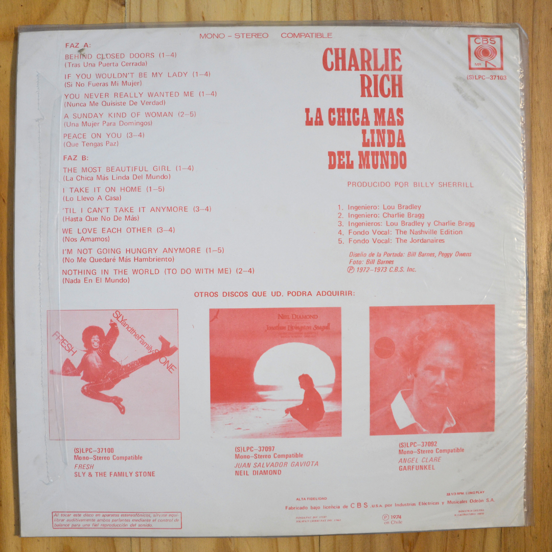 Charlie Rich <br> La Chica Mas Linda Del Mundo 1974 <br> CBS – (S)LPC 37103