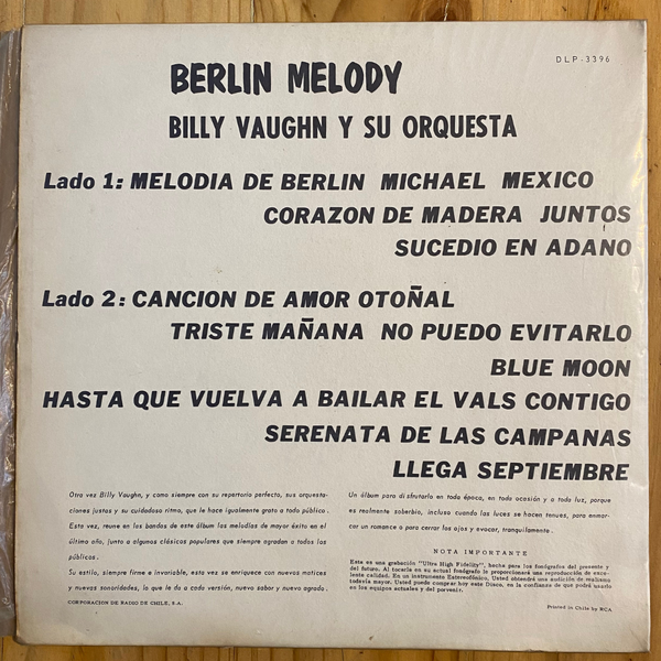 Billy Vaughn And His Orchestra <br> Berlin Melody 1961 <br> Dot Records – DLP 25396