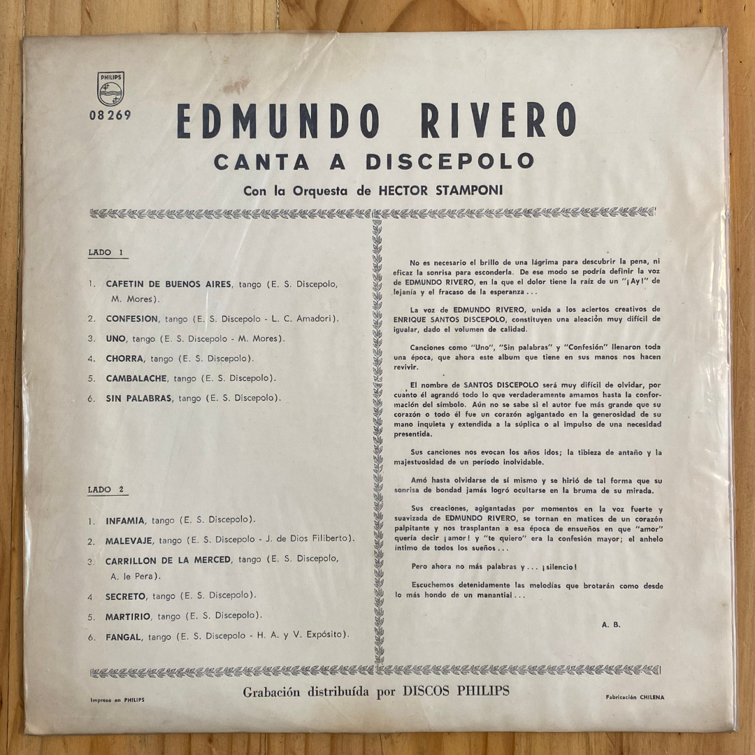 Edmundo Rivero <br> Edmundo Rivero Canta A Discépolo 1959  <br> Philips – P-08269-L