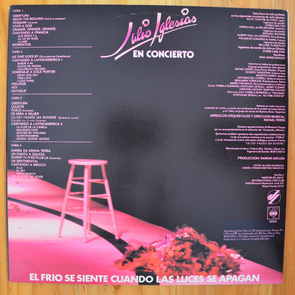 Julio Iglesias <br> En Concierto 1983 <br> Discos CBS International – DJ2L 50334