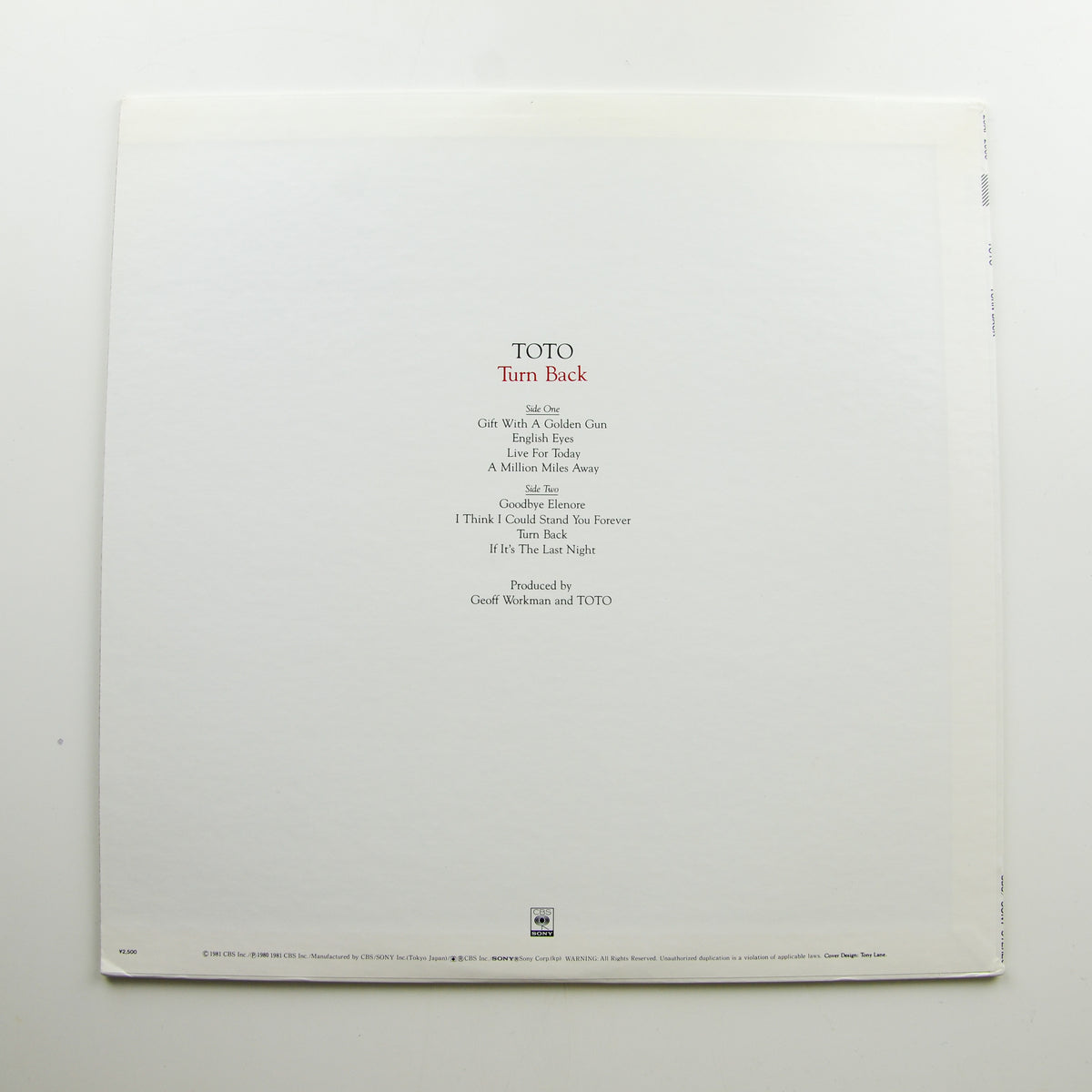 Toto <br> Turn Back 1981 <br> CBS/Sony - 25AP 2000